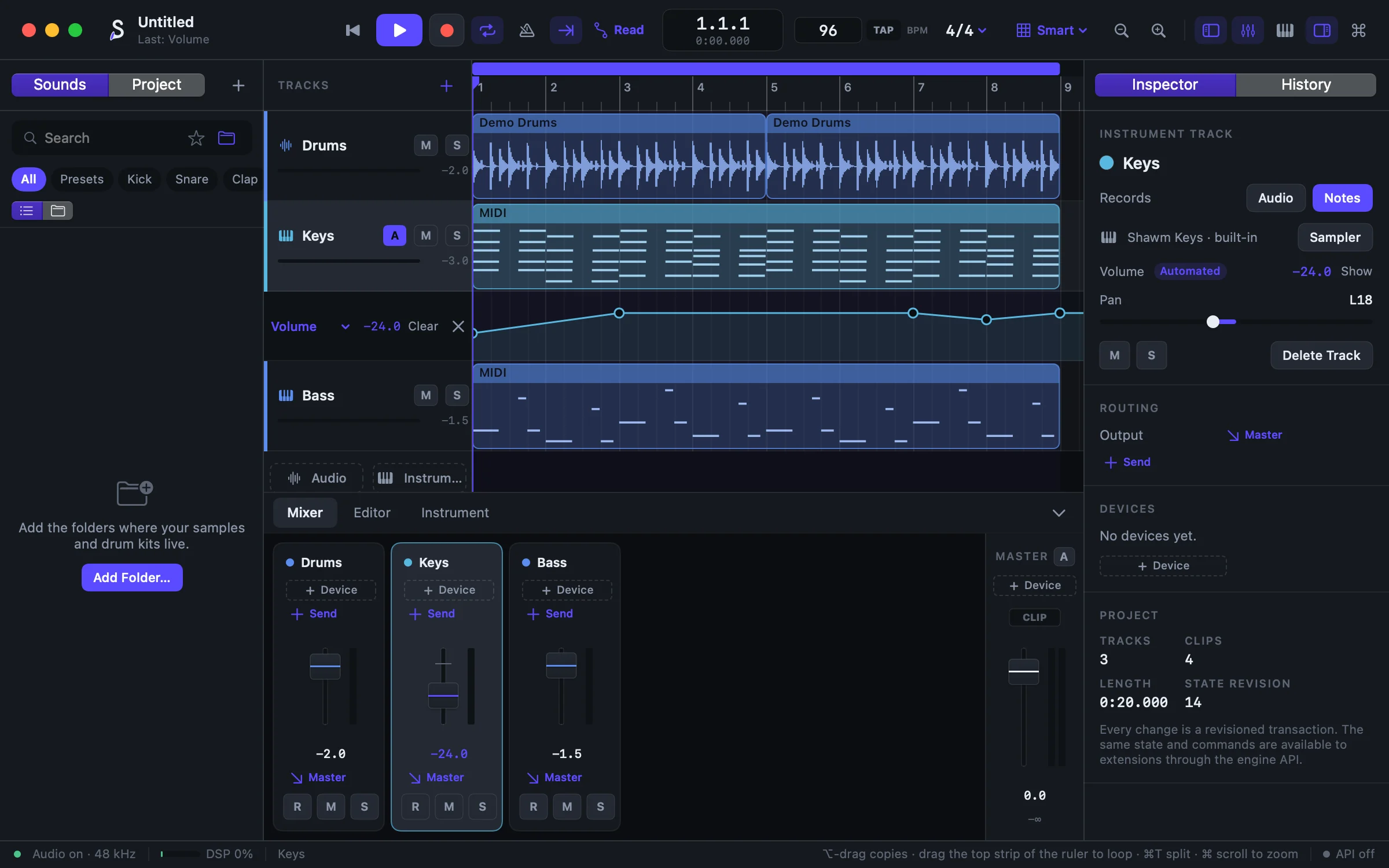 The Shawm studio: drums, keys and bass in the arrangement, the mixer below